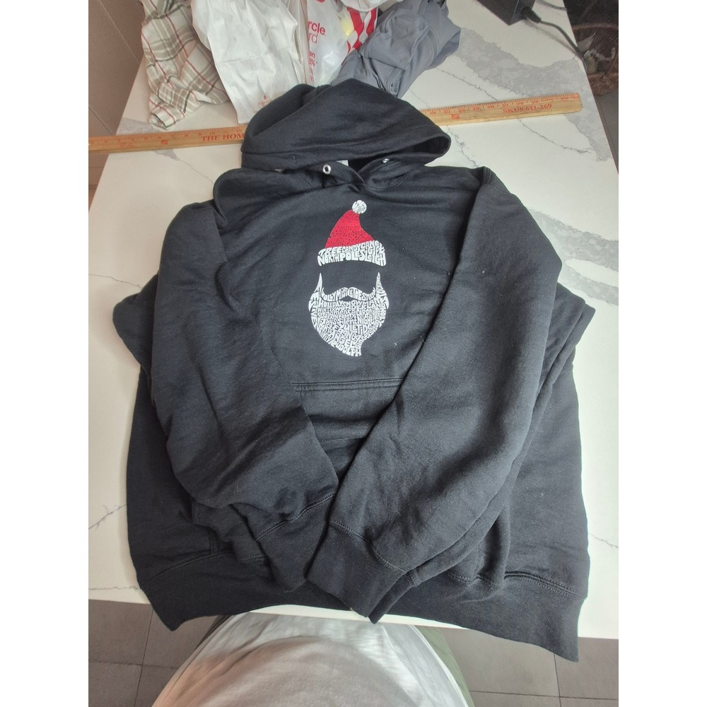 Port & Company Black Christmas Santa Beard Word Art Hoodie Pullover Sweatshirt L